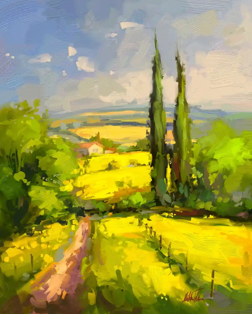 A vibrant, impressionistic painting depicts a sun-drenched countryside scene with bright yellow fields, lush green trees and…