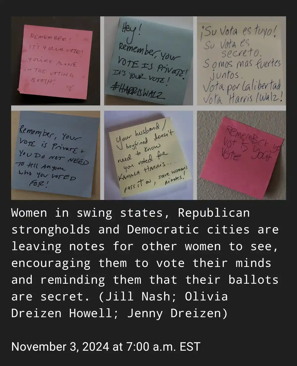 A collage of six handwritten sticky notes in various colors, each with messages reminding voters that their vote is private…