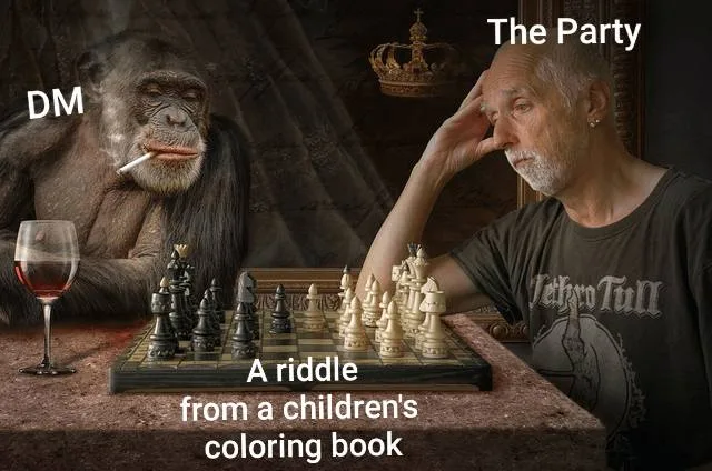 A man in a 'Jethro Tull' t-shirt sits at a chessboard looking stressed, labeled 'The Party'. Opposite him, a chimpanzee…