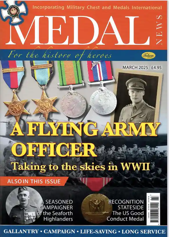 The image is the cover of a magazine titled 'MEDAL NEWS' featuring military medals, a black-and-white photo of a WWII pilot…