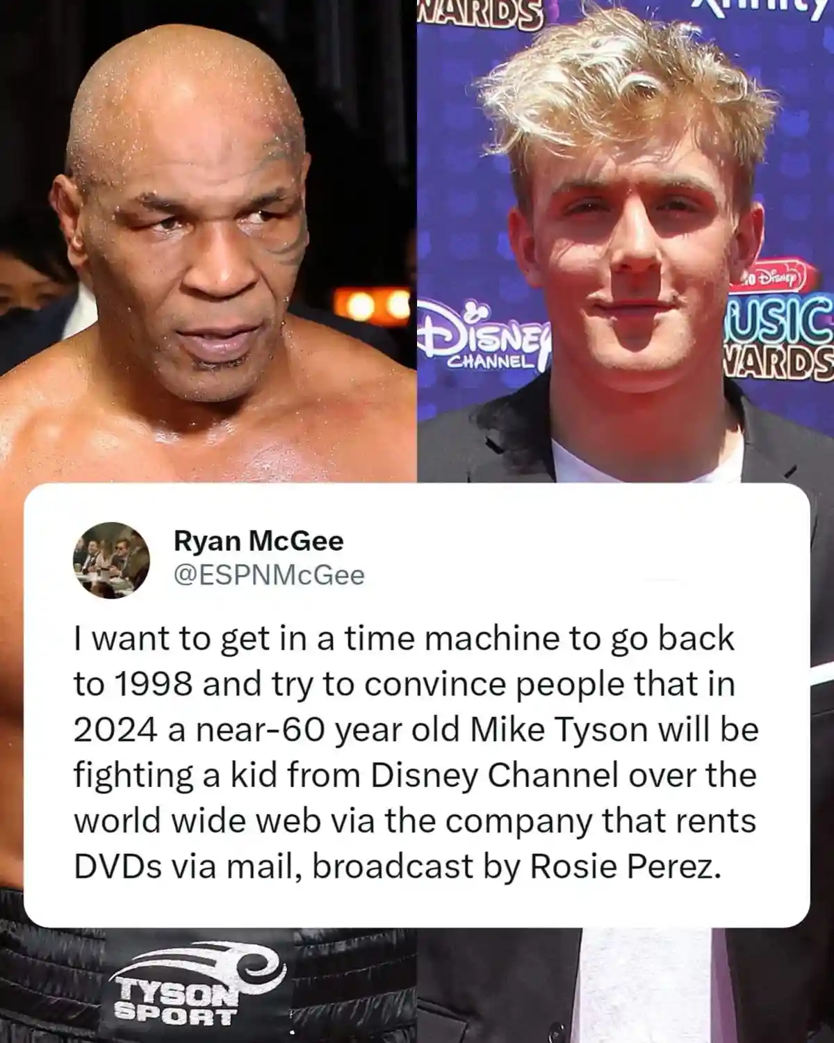 The image is a split-screen meme featuring Mike Tyson on the left, looking sweaty and intense in boxing trunks, and a young…
