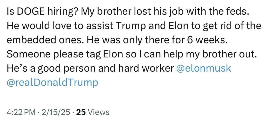 A screenshot of a social media post with black text on a white background. The post humorously claims the poster's brother…