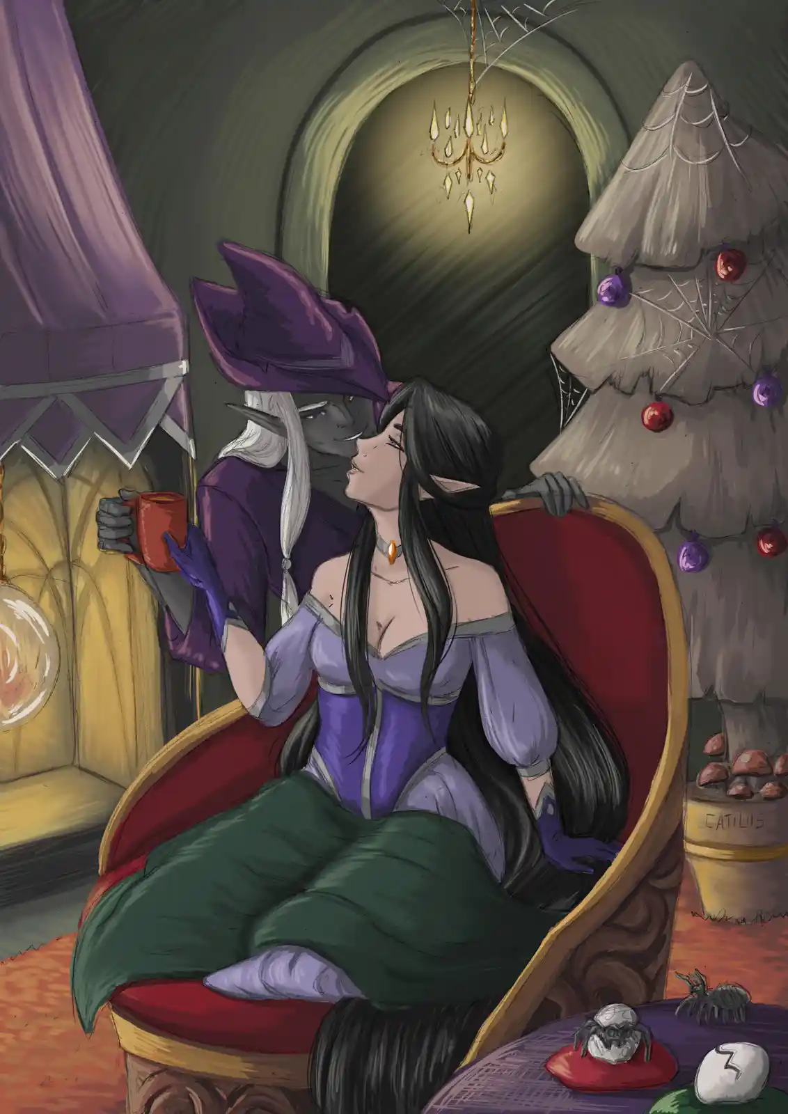 A dark-skinned elf with white hair and a purple hat leans in to kiss a woman with long black hair who is seated in a red…