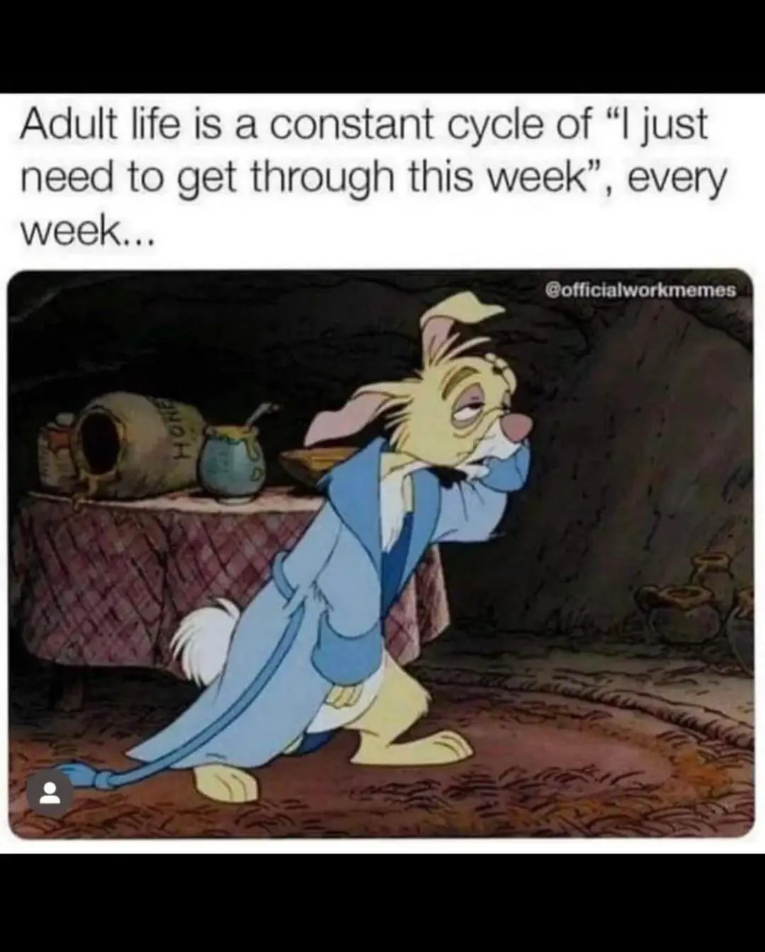 A cartoon rabbit in a blue robe slumps exhaustedly against a table with honey pots, conveying deep fatigue. The overlaid…