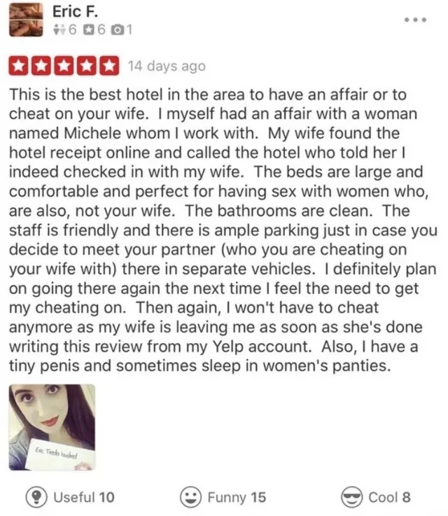 A screenshot of a Yelp review by 'Eric F.' with five red stars, detailing a humorous and self-deprecating account of…