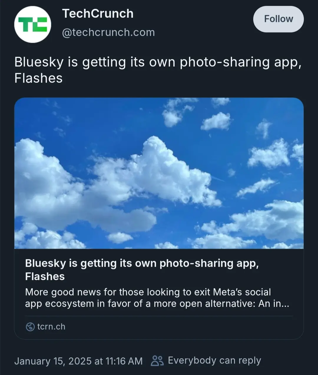 A screenshot of a TechCrunch Twitter post announcing that Bluesky is launching a new photo-sharing app called 'Flashes'. The…