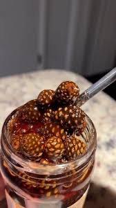 A close-up photo shows a glass jar filled with a dark red, jam-like substance topped with several pinecones. A metal spoon…