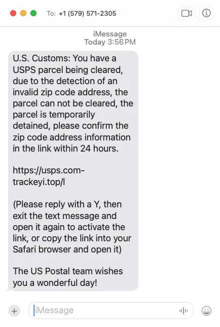 An iMessage screenshot shows a text message purportedly from 'U.S. Customs' claiming a USPS parcel is detained due to an…