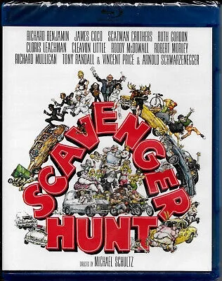The image shows the cover art for the 1980 film 'Scavenger Hunt,' featuring a chaotic collage of numerous cars and people in…