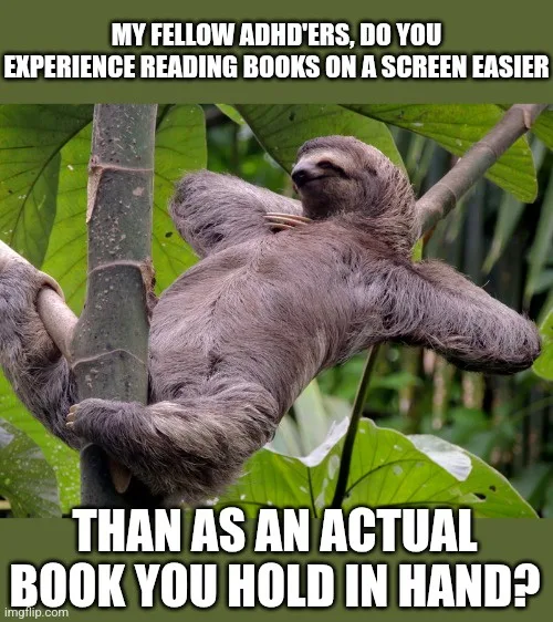 A sloth is hanging lazily from a tree branch in a lush green forest, looking relaxed and unbothered. The image has white…
