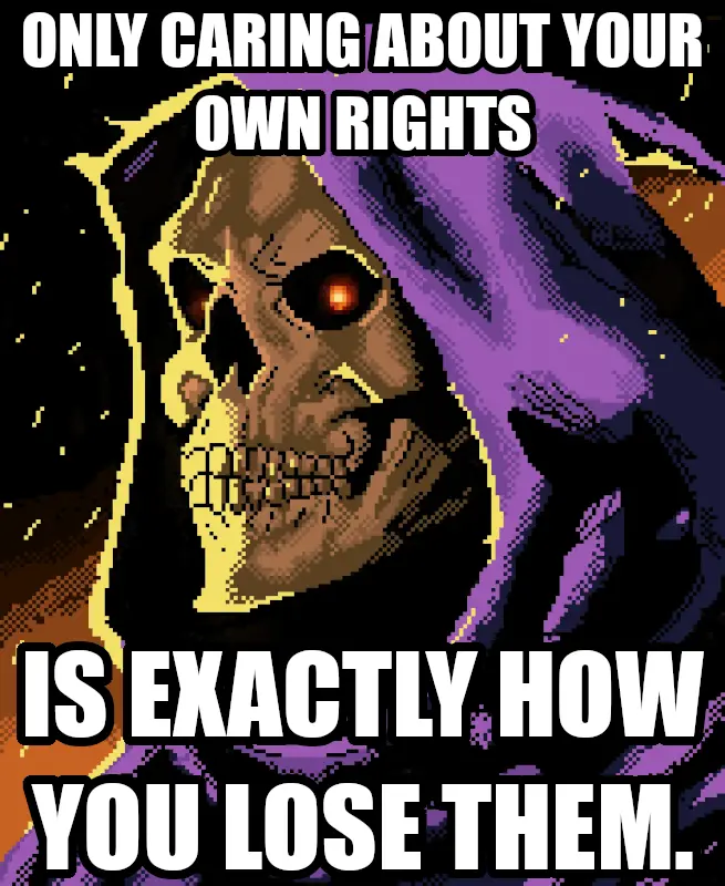 A pixelated image of the grim reaper with glowing red eyes, wearing a purple hood and yellow outline, stares menacingly…