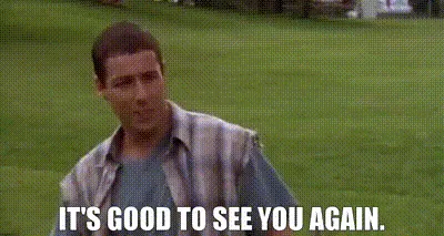 A six-panel image from the movie 'The Breakfast Club' shows a man in a denim jacket repeatedly saying 'IT'S GOOD TO SEE YOU…