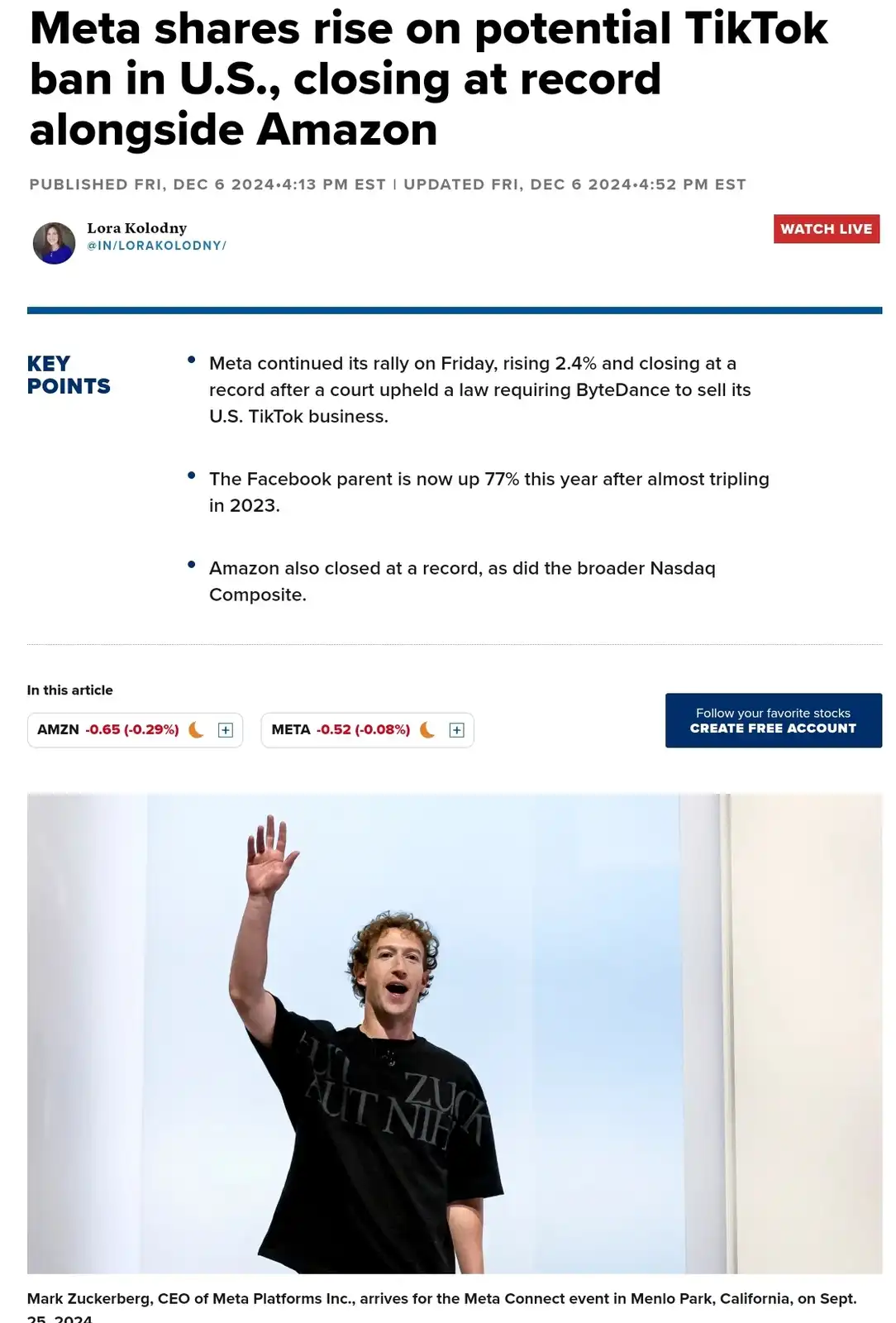 A screenshot of a news article about Meta's stock rising due to a potential TikTok ban, featuring a photo of Mark Zuckerberg…