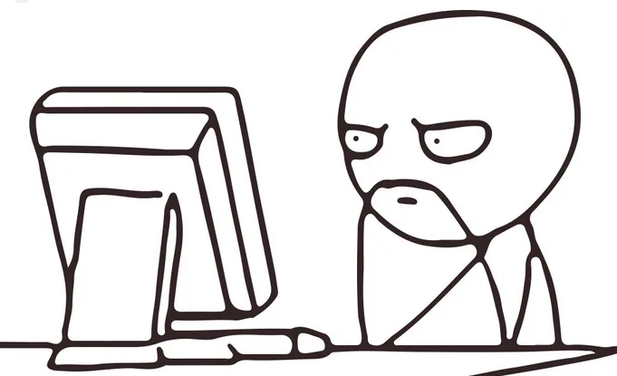 A simple black-and-white line drawing shows a bald, bearded man with an angry, narrowed-eyed expression sitting at a desk…