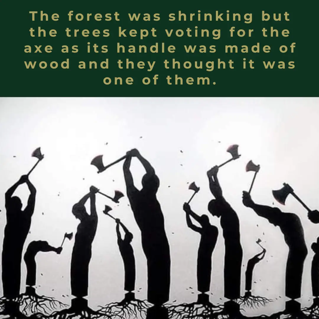 The image shows silhouettes of trees with visible roots, each holding an axe aloft as if voting. The top section has a dark…