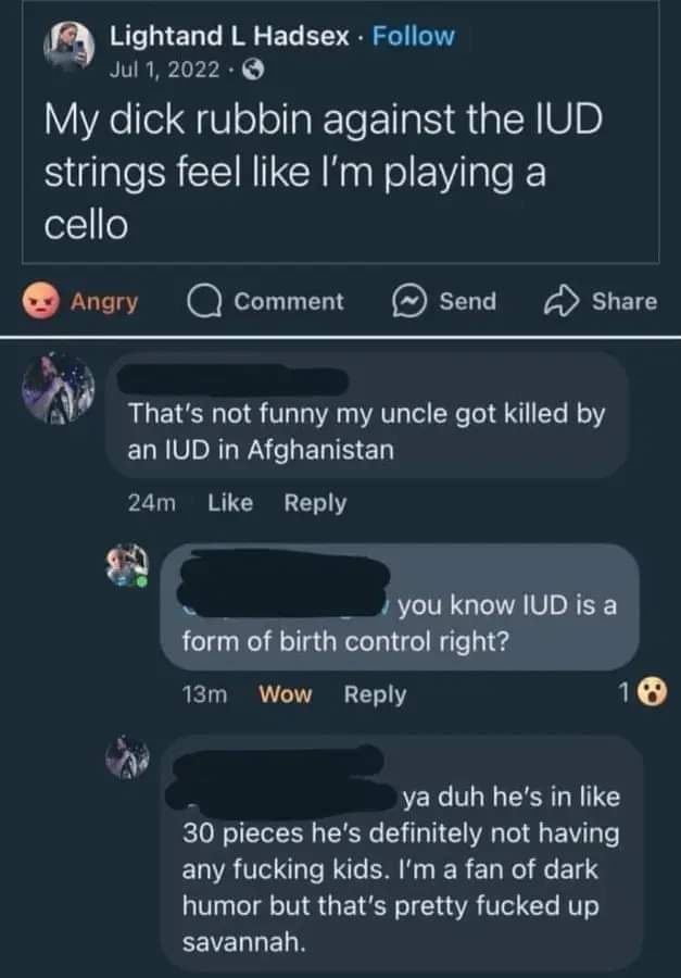 A screenshot of a social media comment thread where the original poster jokes that rubbing their dick against IUD strings…