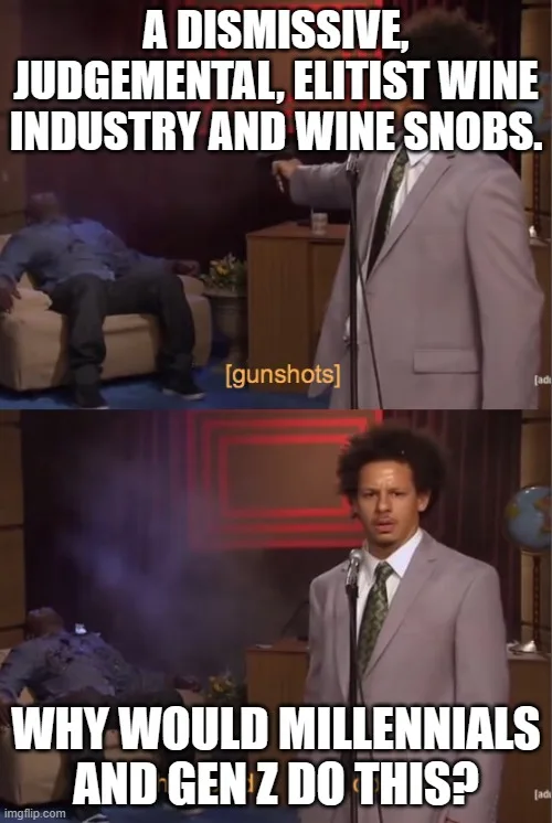 The image is a two-panel meme from a comedy sketch. In the top panel, a man in a suit points at another man slumped over on…
