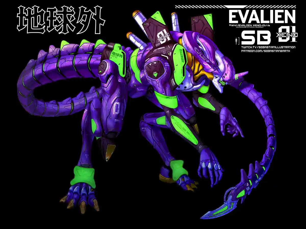 A purple and neon green biomechanical alien creature with a long segmented tail, multiple limbs, and a menacing face, set…