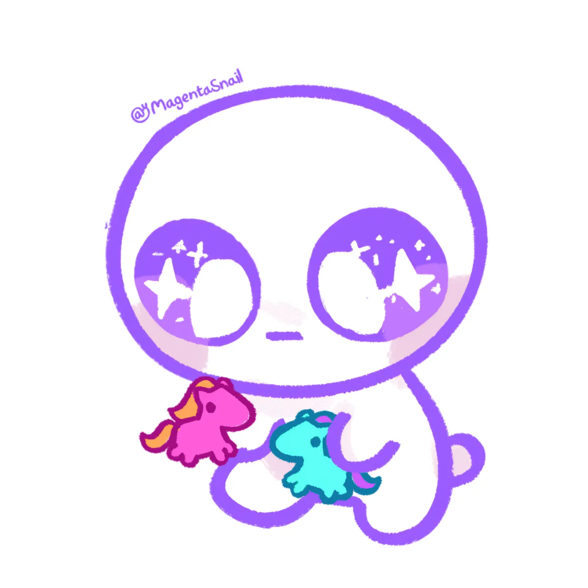 A cute, white, chibi-style cartoon character with a purple outline and starry eyes holds two small, colorful plush toys…