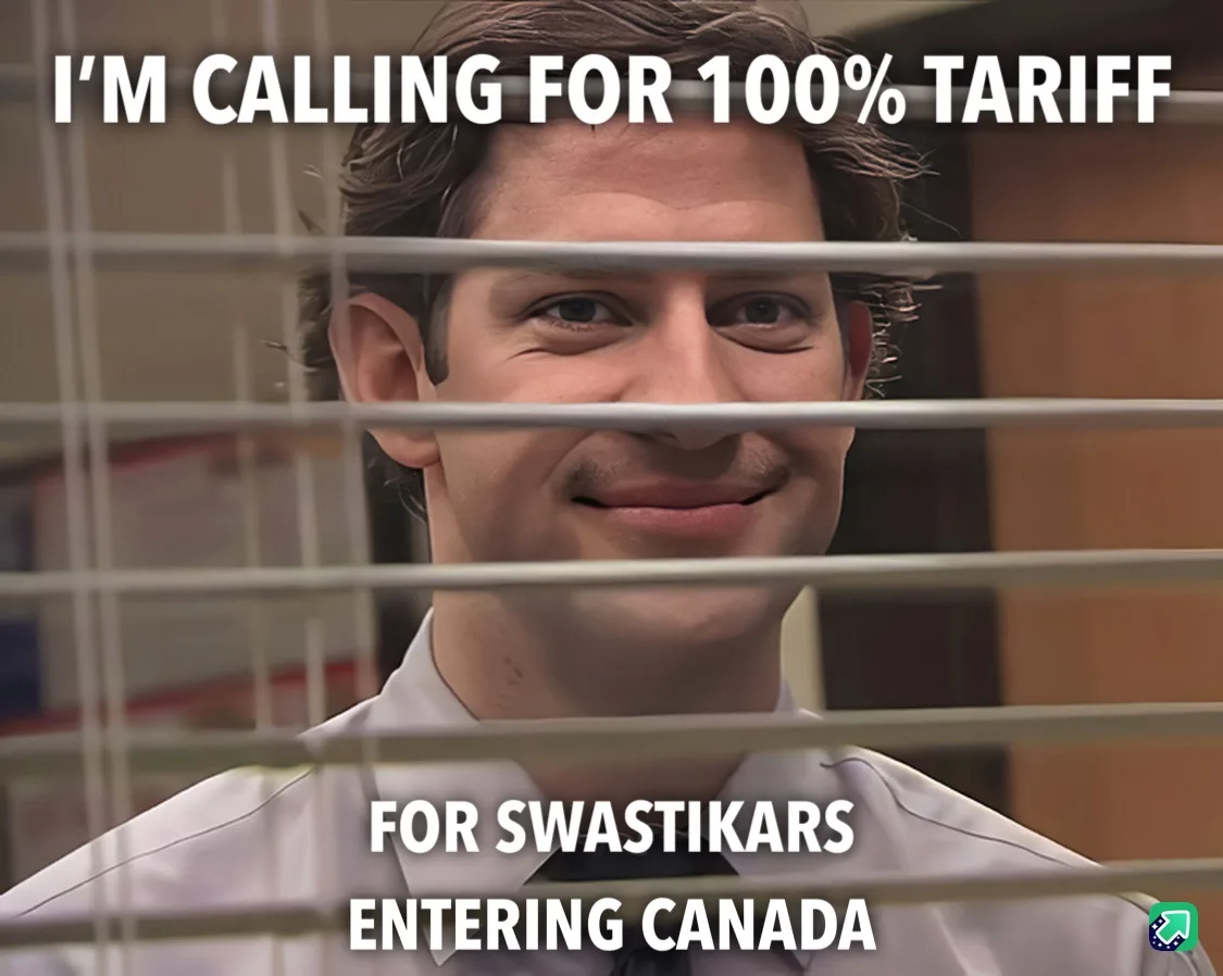 A man with a smug, knowing smile peers through horizontal office blinds. White bold text overlaid at the top reads 'I'M…