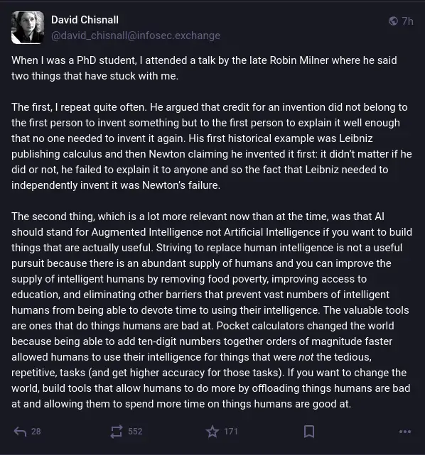 A screenshot of a tweet by David Chisnall showing a long text post about Robin Milner's two key ideas: first, that credit…