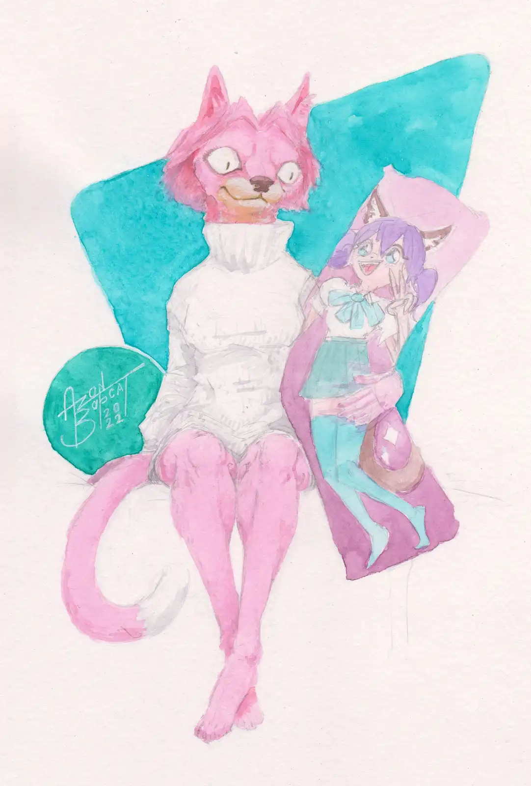 A watercolor illustration shows a pink anthropomorphic cat wearing a white turtleneck, sitting with a relaxed expression…
