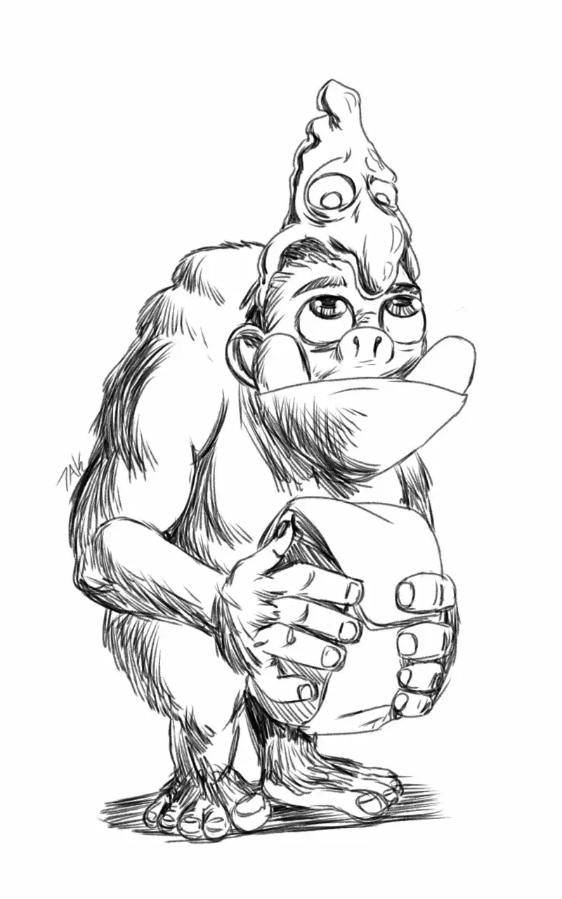 A black-and-white sketch shows a cartoonish gorilla crouching and holding a pizza box, with a slice of pizza comically stuck…