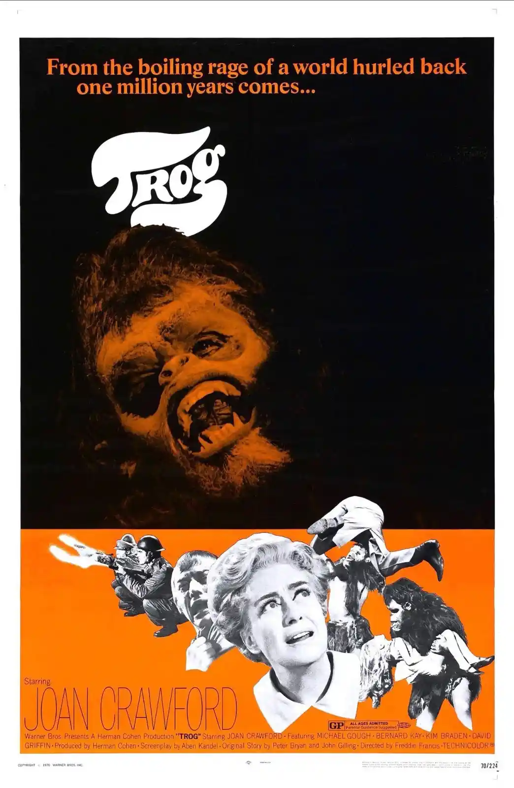 This is a vintage movie poster for the 1970 film 'Trog,' featuring a large, menacing ape-like creature with a screaming face…