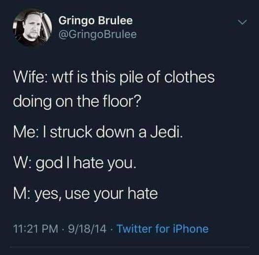 A screenshot of a Twitter post by user Gringo Brulee showing a humorous exchange where a wife questions a pile of clothes on…