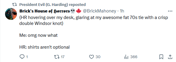 A screenshot of a tweet where the user describes HR hovering over their desk, glaring at their 'awesome fat 70s tie with a…