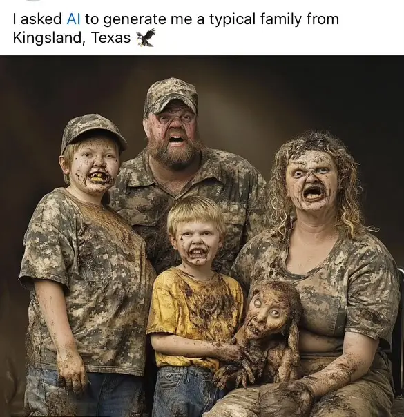 A digitally generated family portrait shows four people and a small doll, all covered in mud and wearing camouflage…
