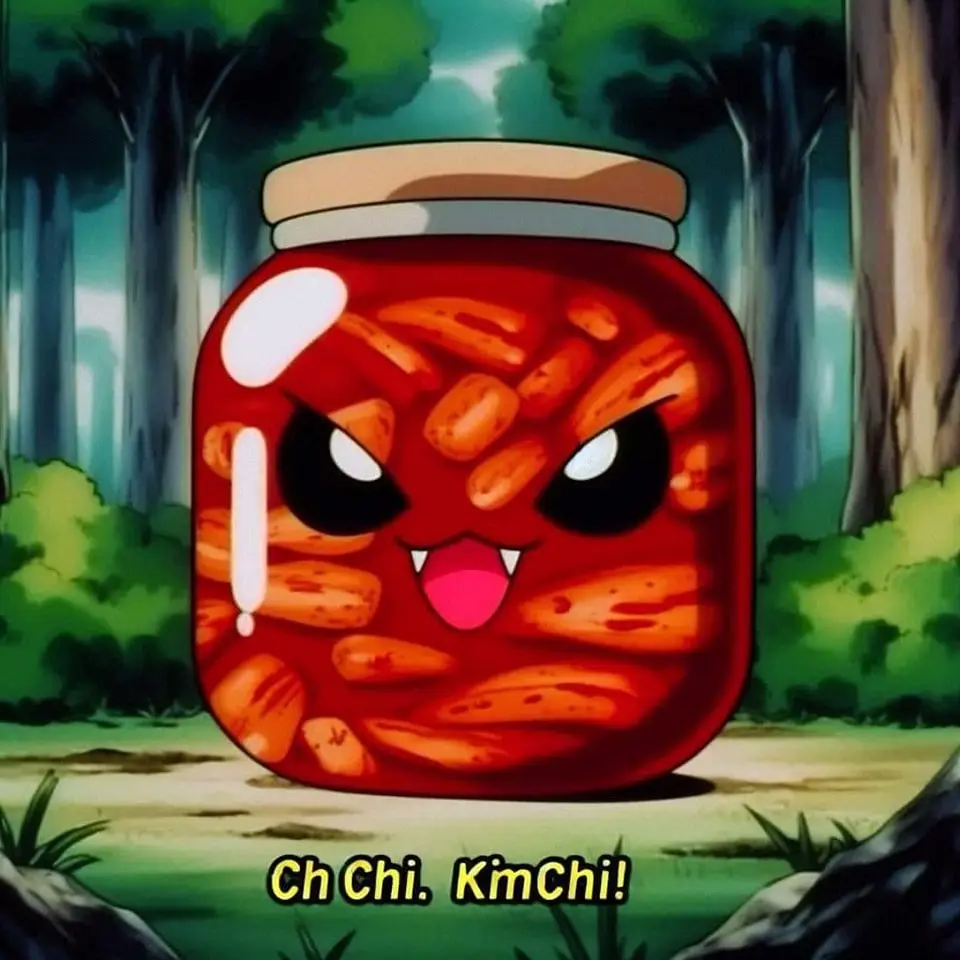 A cartoon jar of kimchi with an angry, demonic face featuring sharp teeth and glowing eyes stands in a forest. The overlaid…