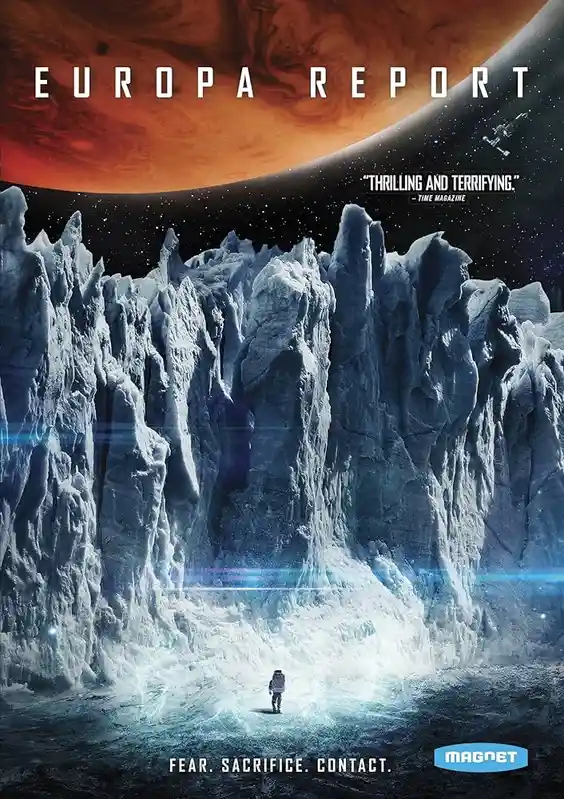 A movie poster for 'Europa Report' shows a lone astronaut standing in a vast, icy alien landscape beneath a massive…