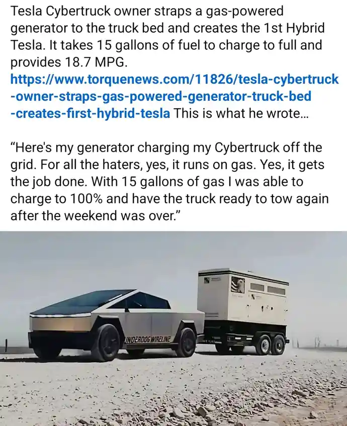 A silver Tesla Cybertruck is shown pulling a large, beige, boxy gas-powered generator trailer across a barren, rocky desert…