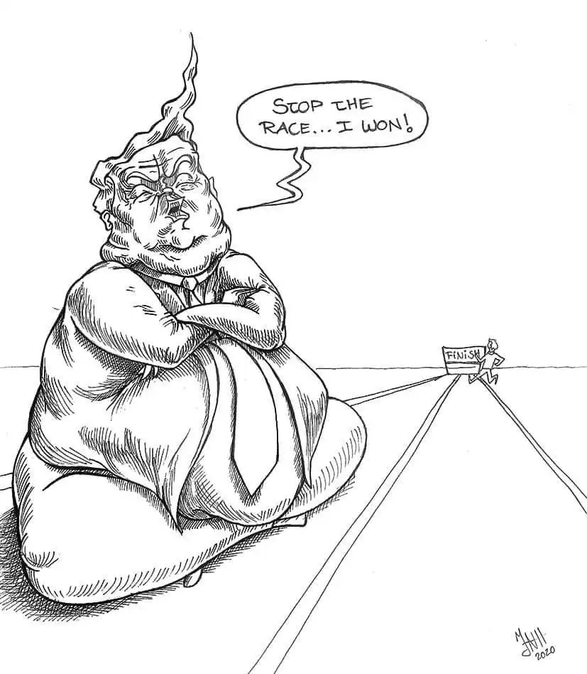 A cartoon depicts a grotesquely obese man sitting on a race track, shouting 'STOP THE RACE... I WON!' while a tiny figure…