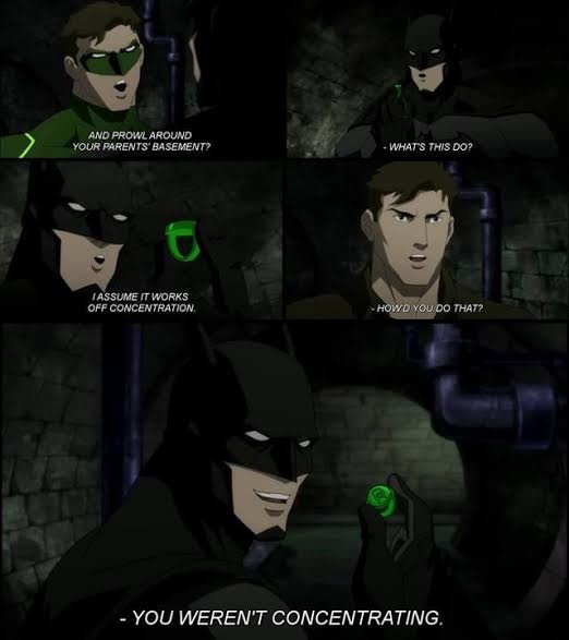 A four-panel comic strip featuring Batman and Green Lantern in a dark, stone-walled basement. Green Lantern asks Batman what…