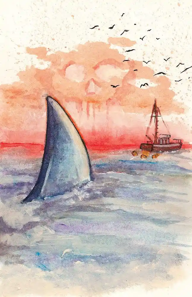 A watercolor painting depicts a large shark fin emerging from the ocean waves in the foreground, while a small sailboat…