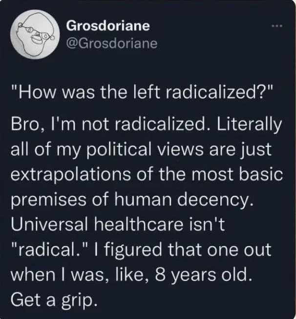 A screenshot of a tweet from user @Grosdoriane, featuring a simple line drawing avatar of a bald man with glasses. The tweet…