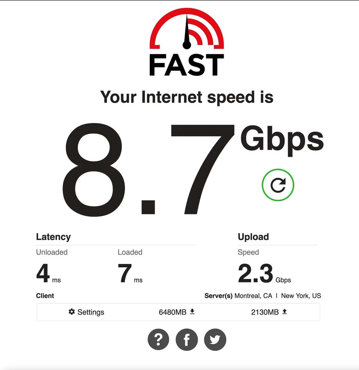 An internet speed test result screen shows a speed of 8.7 Gbps, with latency of 4ms unloaded and 7ms loaded, and upload…