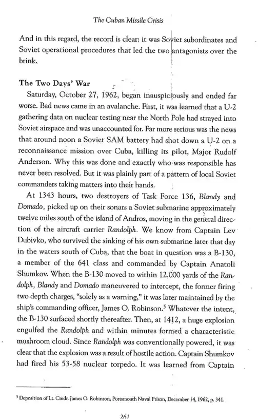 A page from a historical text about the Cuban Missile Crisis, with text discussing the 'Two Days' War' and a U-2 spy plane…