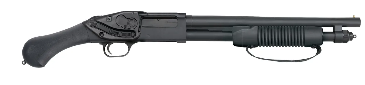 A black pump-action shotgun is shown horizontally against a white background. Overlaid text reads 'i'm not a fan of the new…