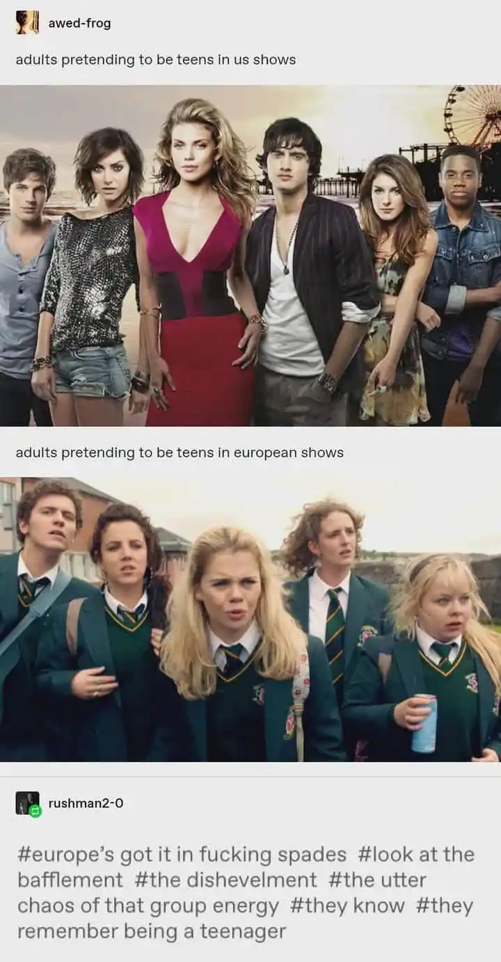 The meme contrasts two images: the top shows a group of actors in a US teen show with styled, confident poses, while the…