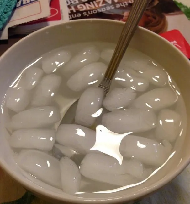 A close-up photo shows a white ceramic bowl filled with clear water and numerous large, rounded ice cubes. A metal spoon is…
