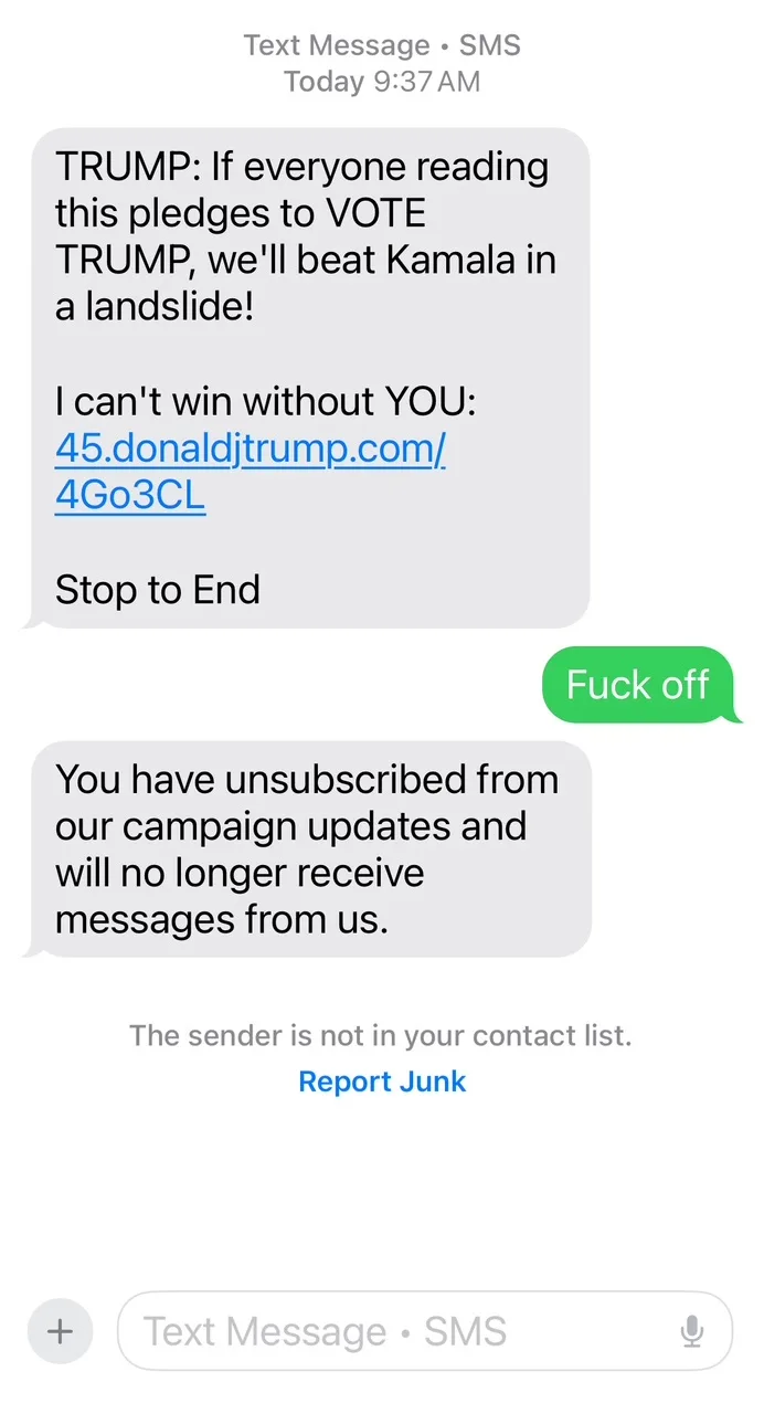 A screenshot of a text message conversation shows a political spam message from 'TRUMP' urging recipients to vote for him to…