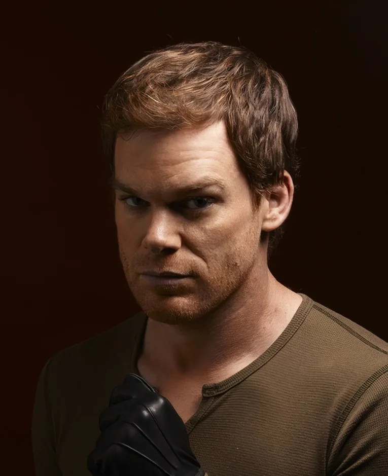 a man with brown hair and a beard, wearing a brown shirt and black glove, stares intensely at the camera with a serious…