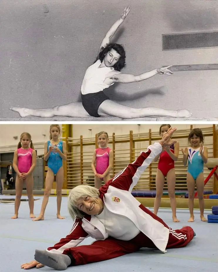 The image is a two-panel meme: the top panel shows a young woman in a black-and-white photo performing a split in a gym…
