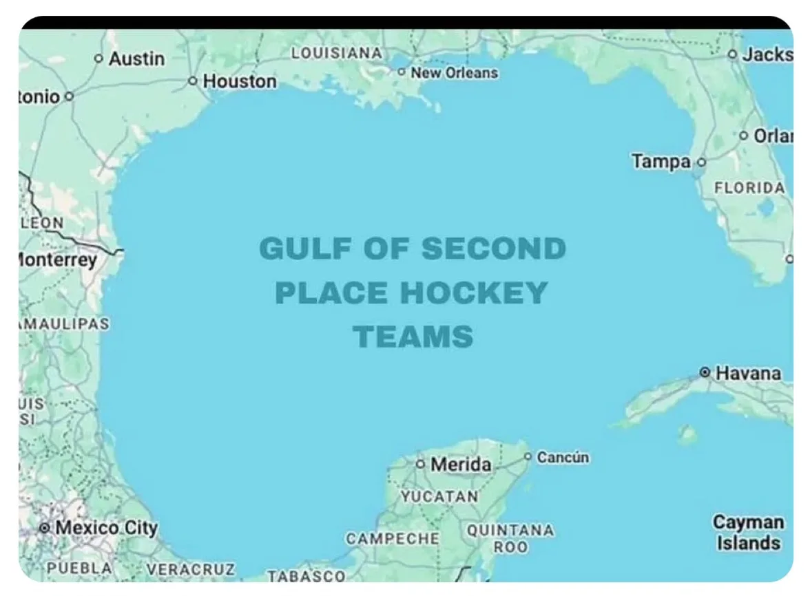 A map of the Gulf of Mexico with the text 'GULF OF SECOND PLACE HOCKEY TEAMS' overlaid in the center. The map shows…