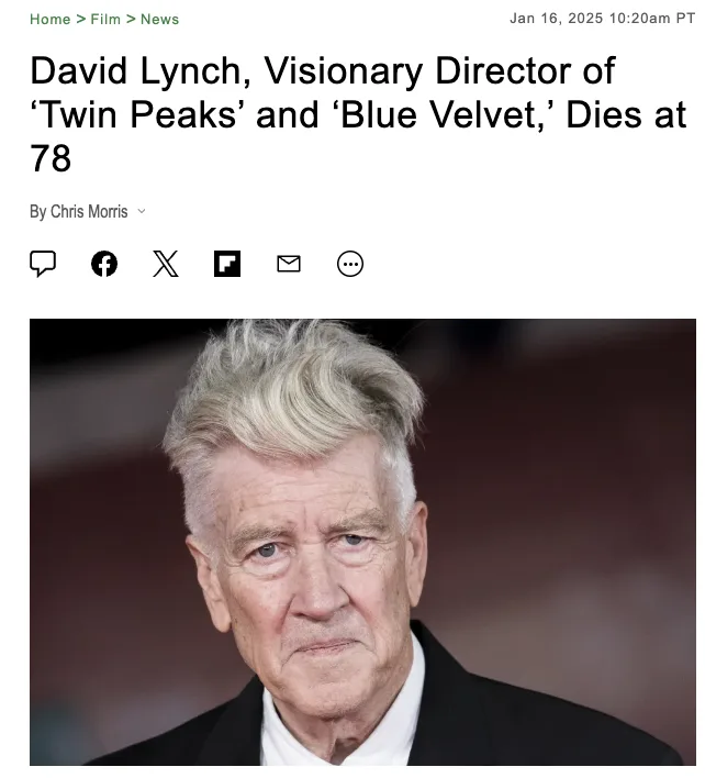 A screenshot of a news article headline announcing the death of director David Lynch at age 78, featuring a close-up photo…