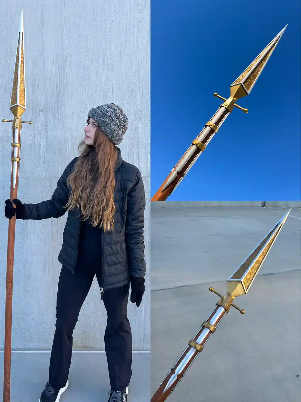 A woman in casual winter attire holds a large, ornate spear against a concrete wall. The image is split, showing the spear…