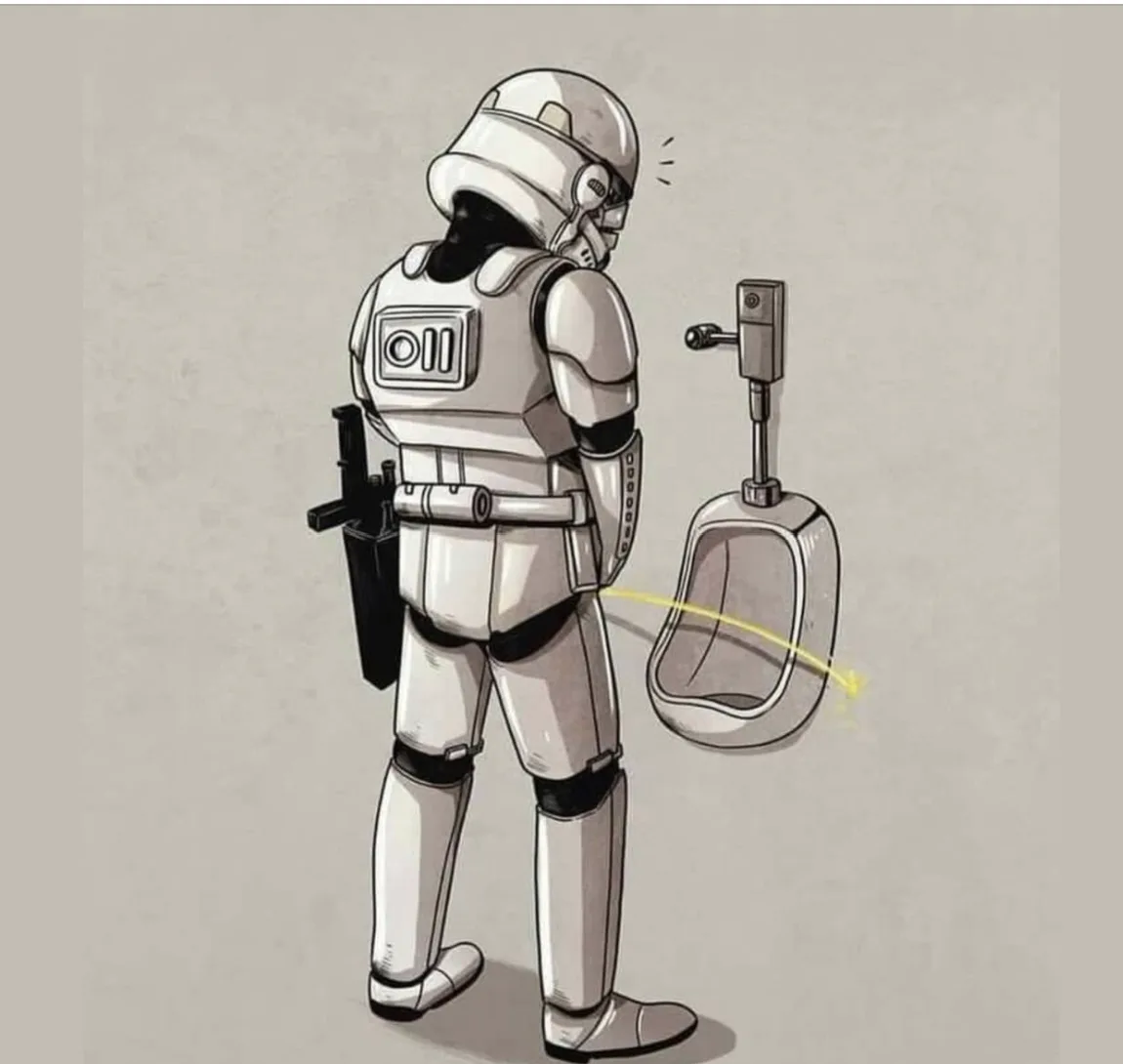 A stormtrooper from Star Wars is shown from behind, standing at a urinal and urinating a yellow stream into it. The…